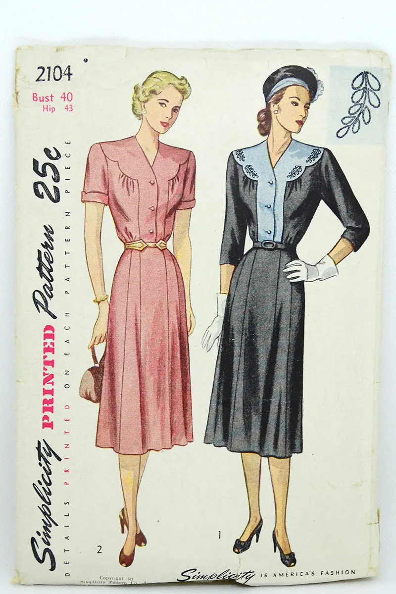 1940s Simplicity 2104 Vintage Dress Sewing Pattern 40b