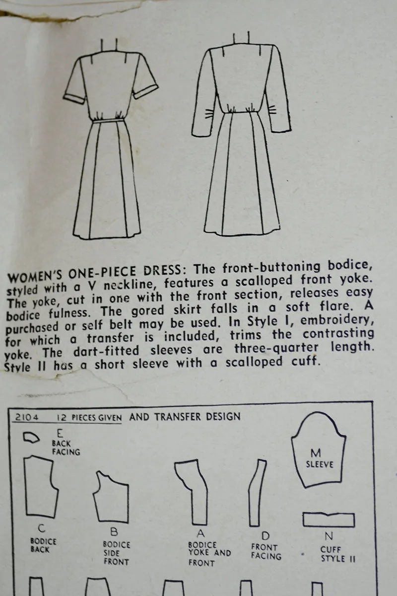 1940s Simplicity 2104 Vintage Dress Sewing Pattern 40b