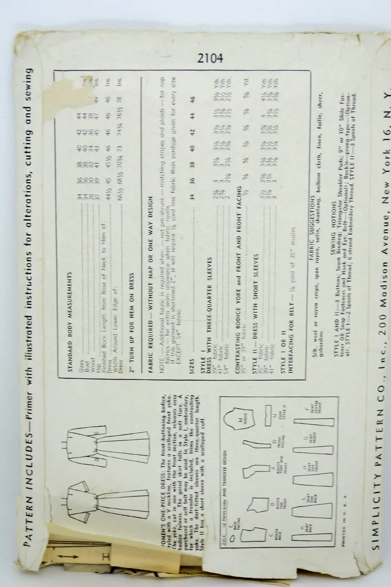 1940s Simplicity 2104 Vintage Dress Sewing Pattern 40b