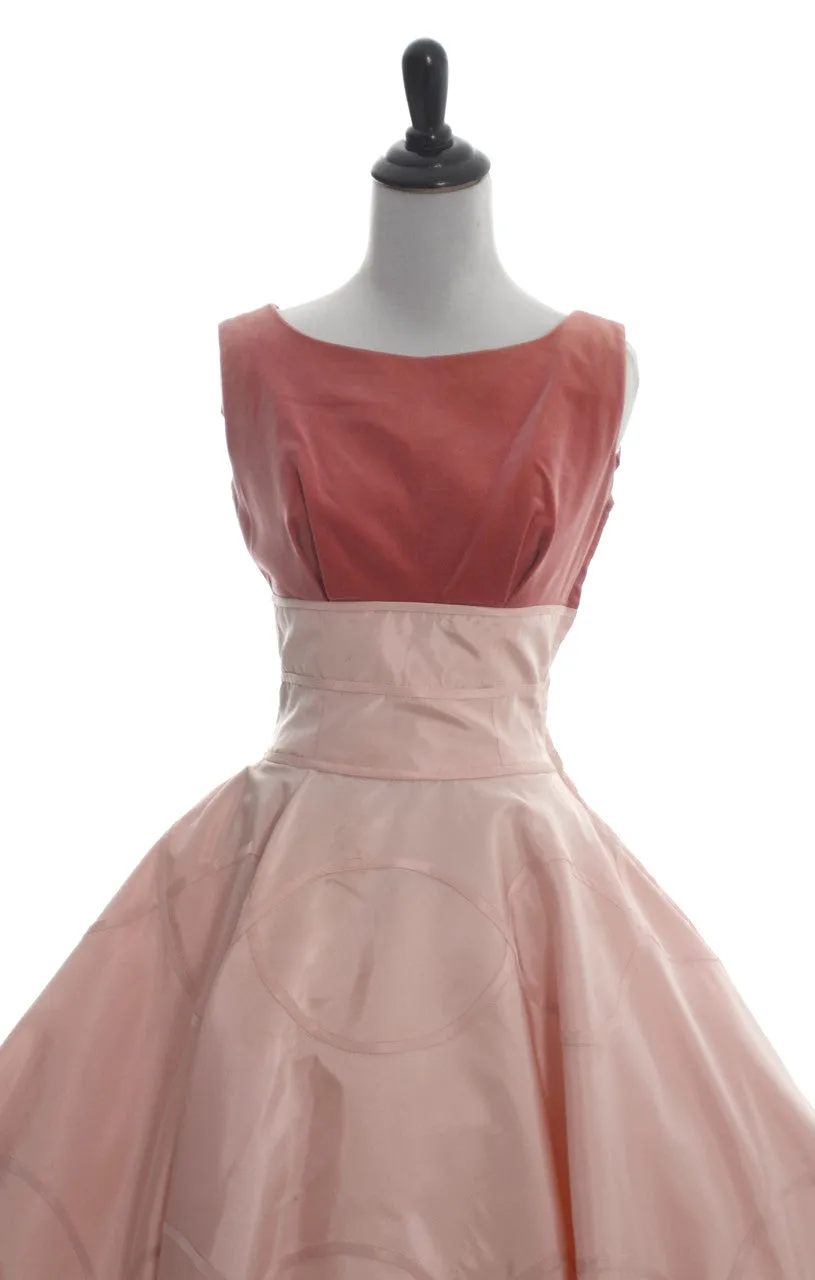 1950s Rose Pink Peach Party Dress Velvet Satin