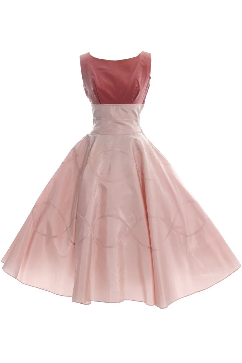 1950s Rose Pink Peach Party Dress Velvet Satin