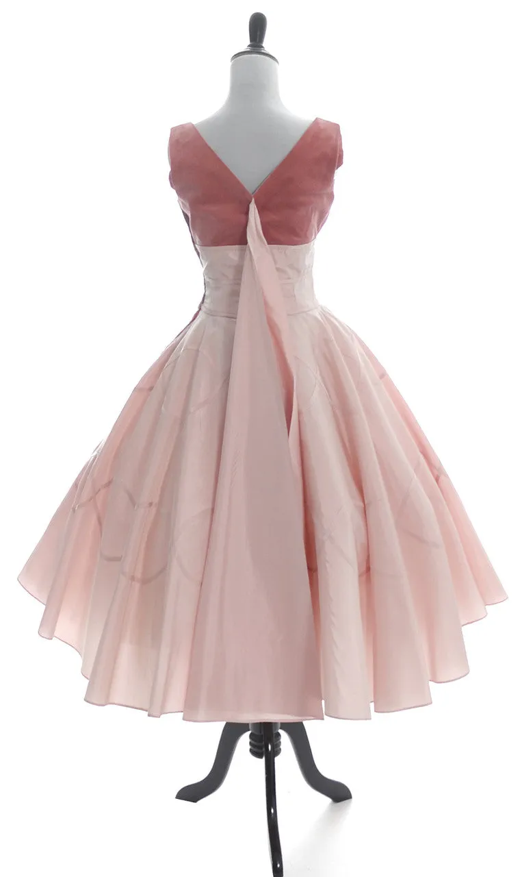 1950s Rose Pink Peach Party Dress Velvet Satin