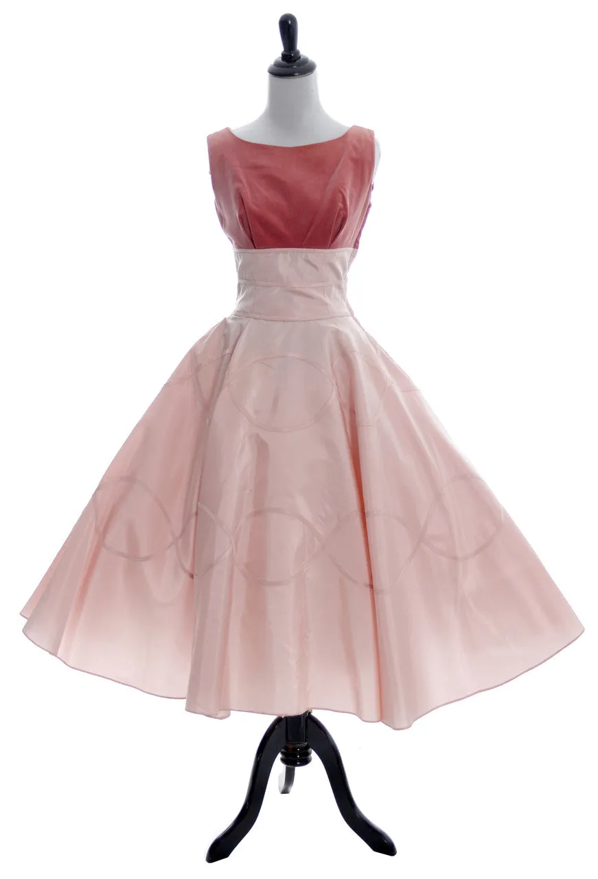 1950s Rose Pink Peach Party Dress Velvet Satin