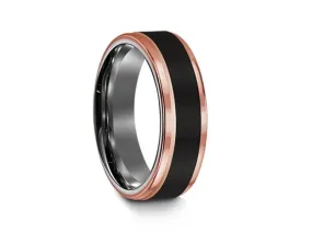 6MM Brushed Black Tungsten Wedding Band  ROSE GOLD EDGES AND GRAY GUNMETAL INTERIOR