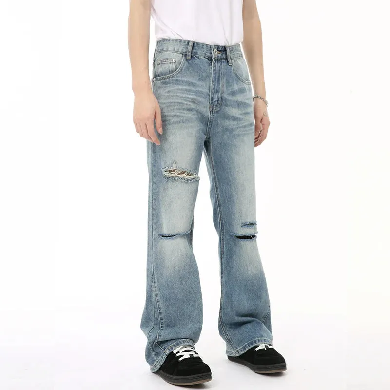 American Style Men's Denim Pants Casual Worn-out Hole Wide Leg Menwear Straight Solid Color Male Bottom Chic 9C6608