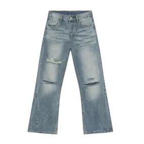 American Style Men's Denim Pants Casual Worn-out Hole Wide Leg Menwear Straight Solid Color Male Bottom Chic 9C6608