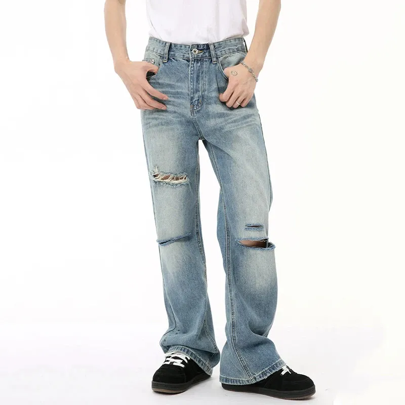 American Style Men's Denim Pants Casual Worn-out Hole Wide Leg Menwear Straight Solid Color Male Bottom Chic 9C6608