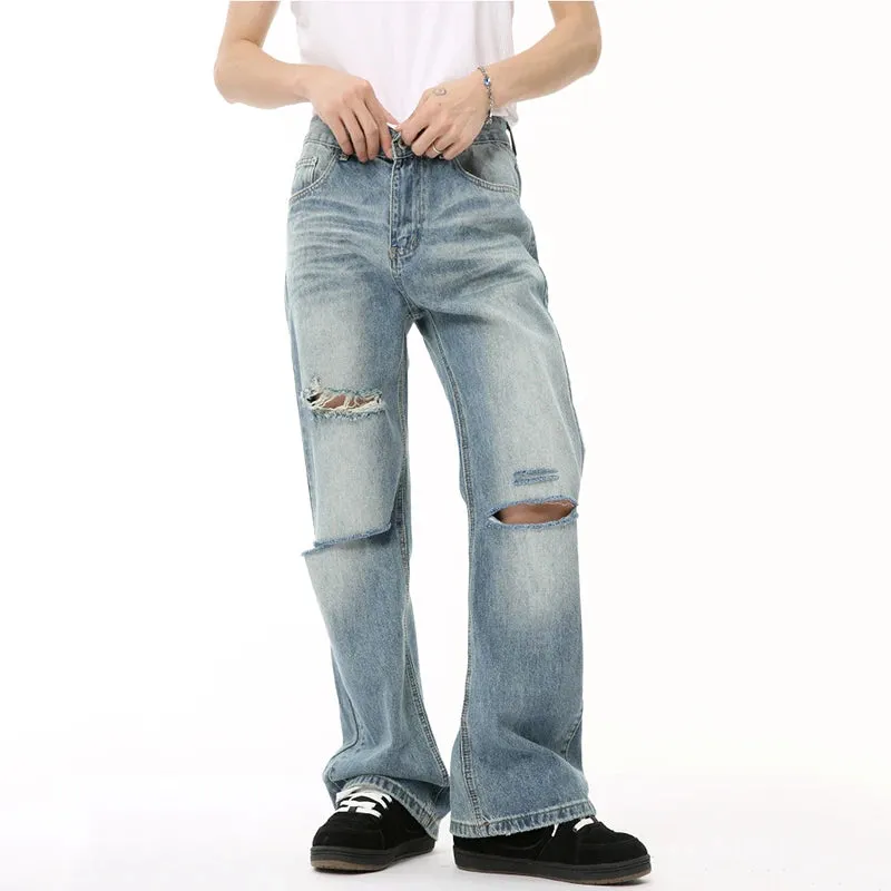 American Style Men's Denim Pants Casual Worn-out Hole Wide Leg Menwear Straight Solid Color Male Bottom Chic 9C6608