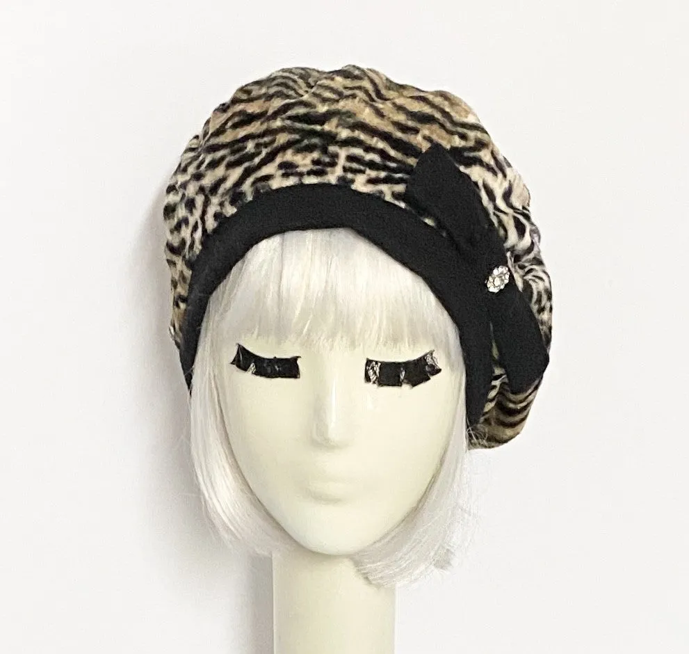 Beret Hat Leopard Faux Fur