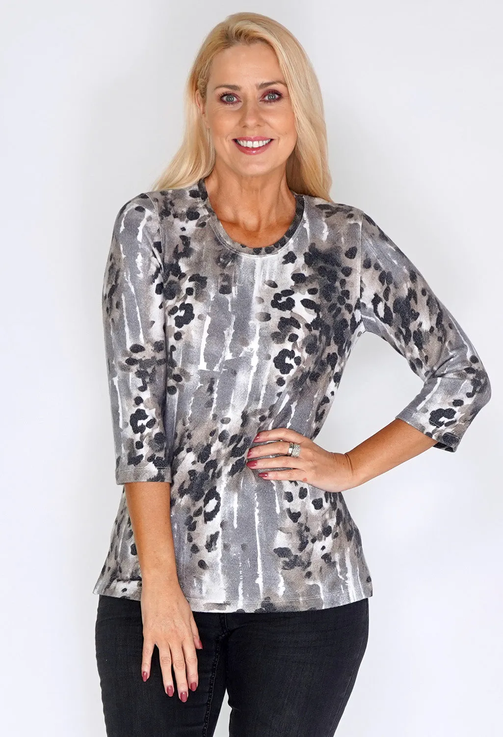 Bicalla Sand and Grey Water Leopard Print Knit Top