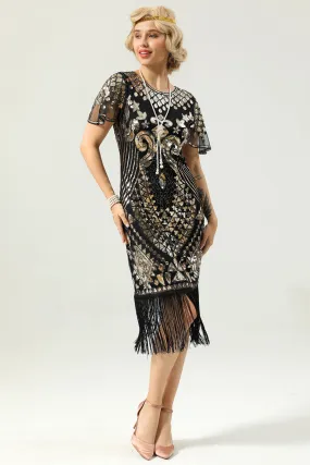 Black and Gold Sequin 1920 Dress with Batwing Sleeves