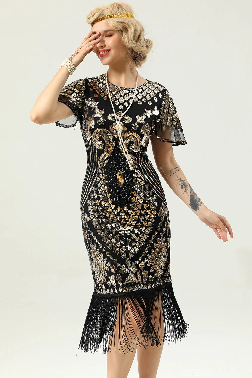 Black and Gold Sequin 1920 Dress with Batwing Sleeves