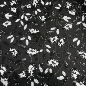 Black and White Floral Sequin Embroidered on Black Tulle