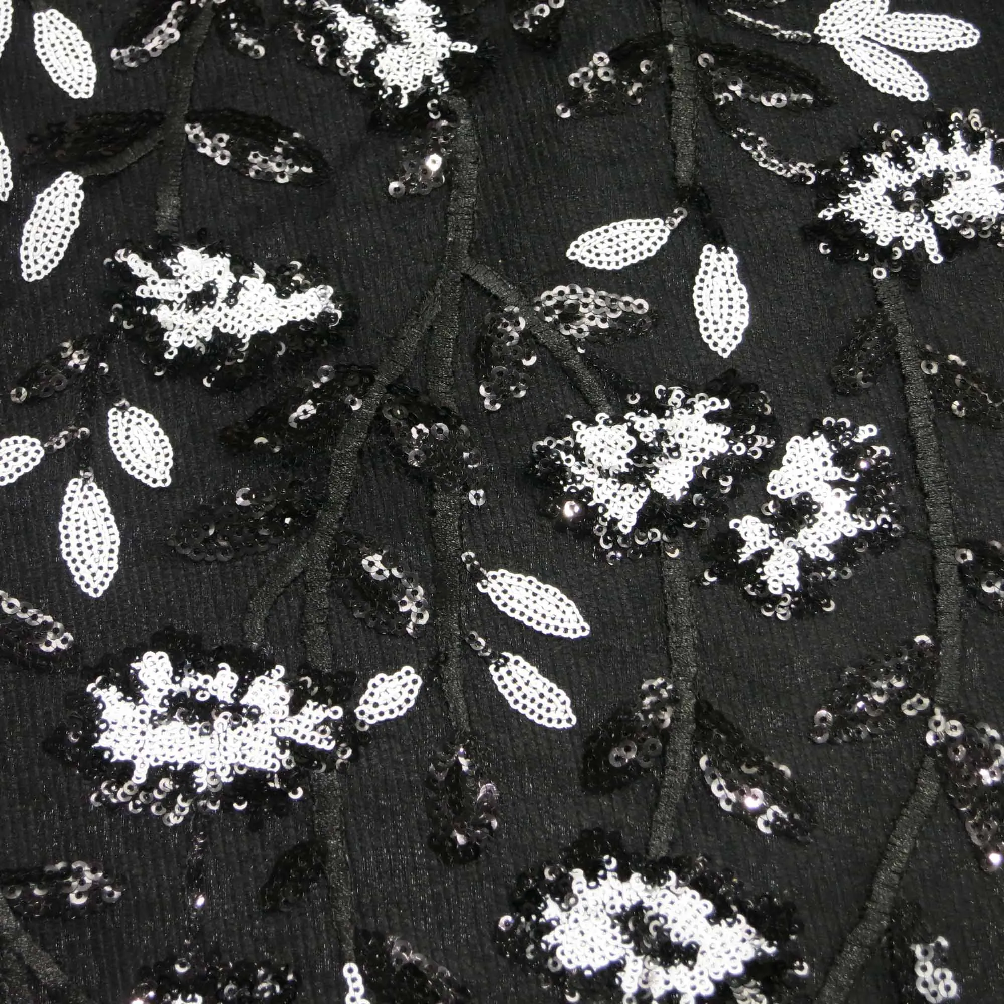 Black and White Floral Sequin Embroidered on Black Tulle