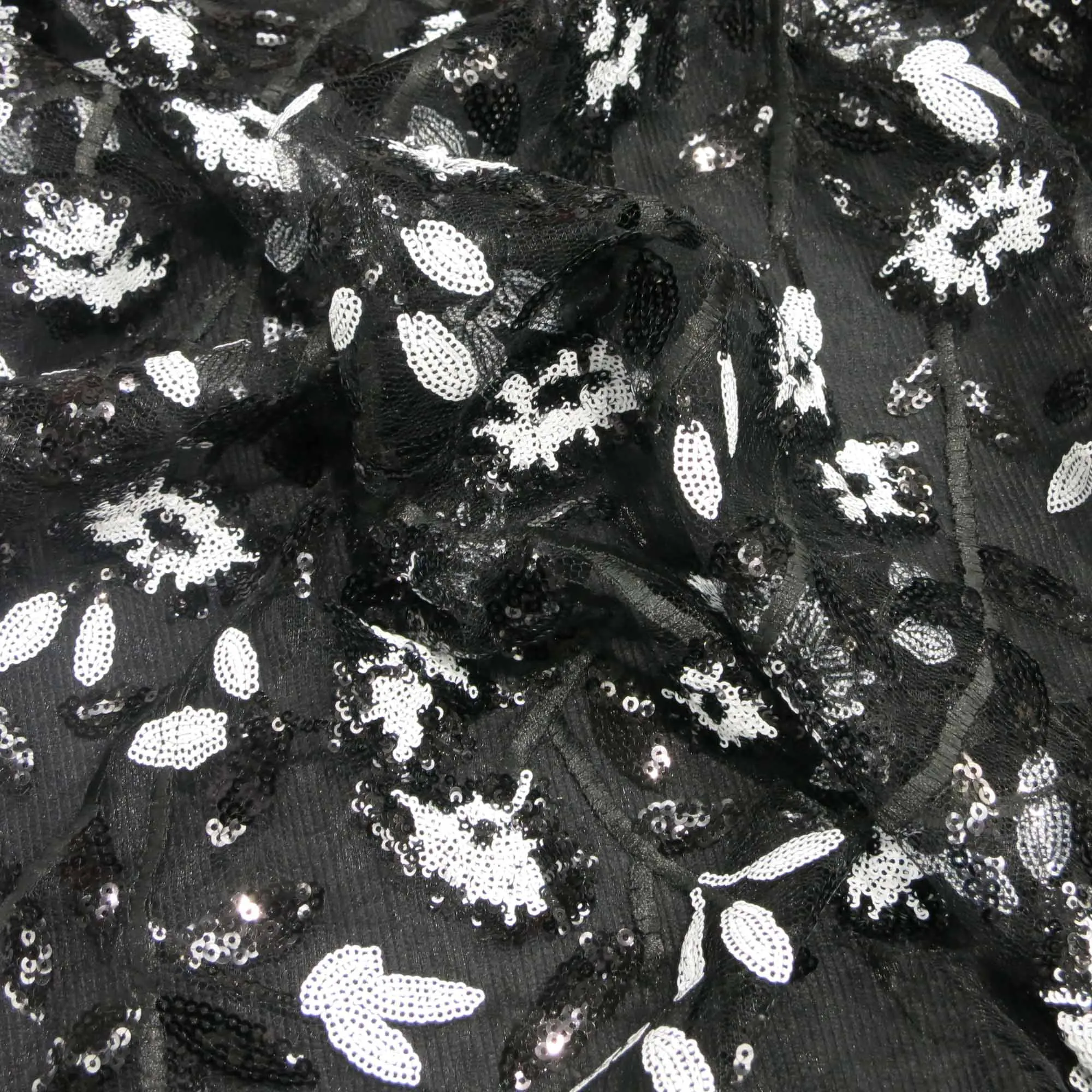 Black and White Floral Sequin Embroidered on Black Tulle