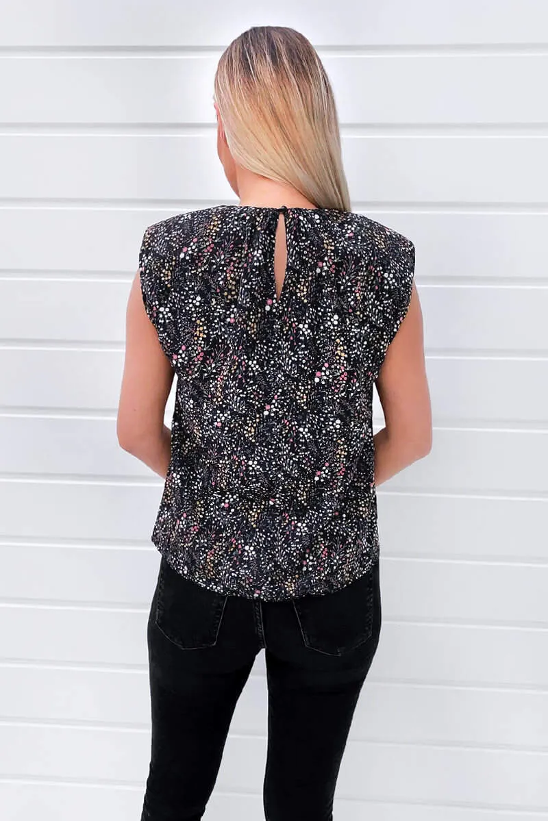 Black Floral Padded Shoulder Sleeveless Blouse