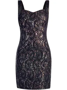 Black Lace & Gold Sequin Metallic Cocktail Dress