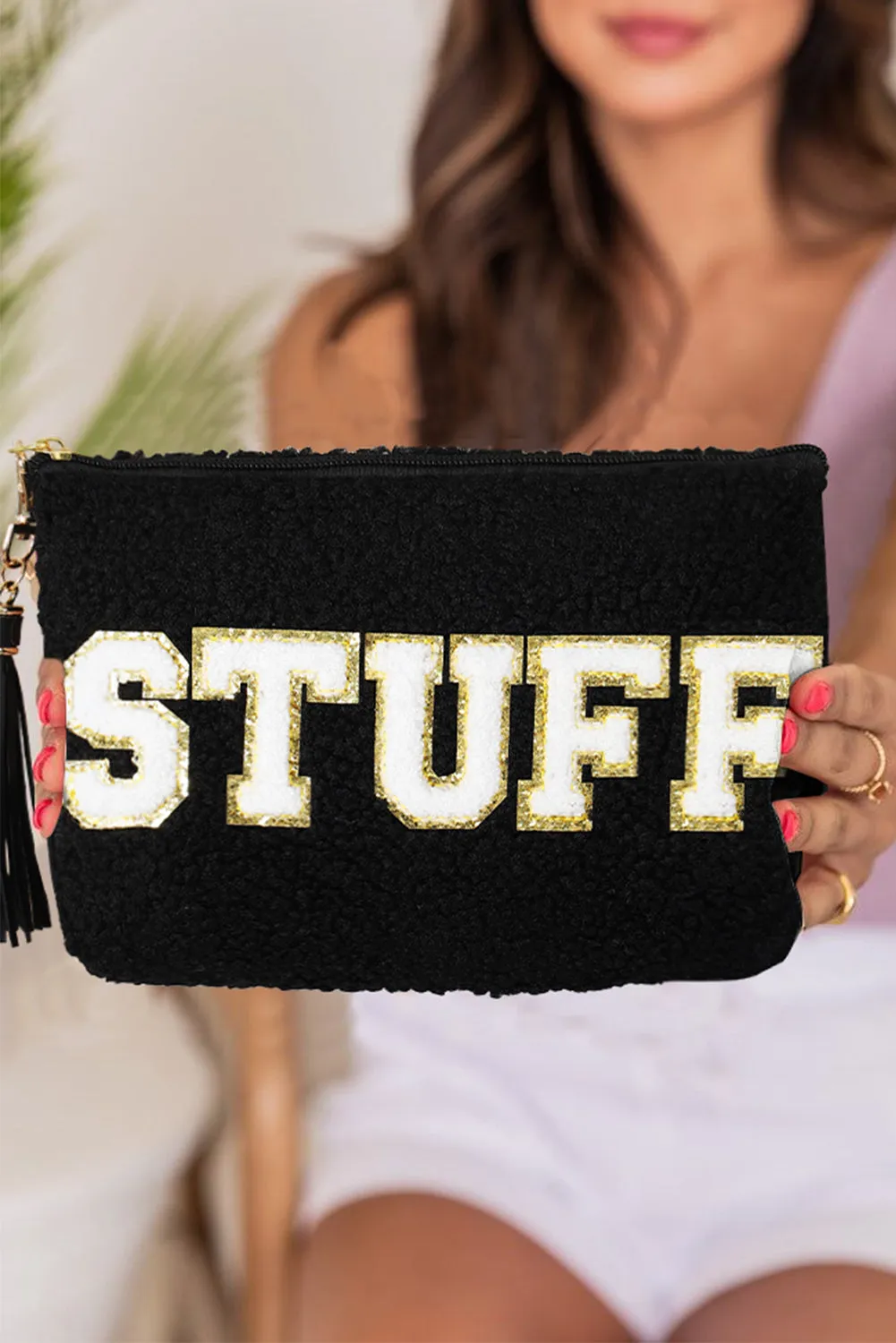 Black Sparkle Letter Pattern Tassel Zipper Makeup Bag