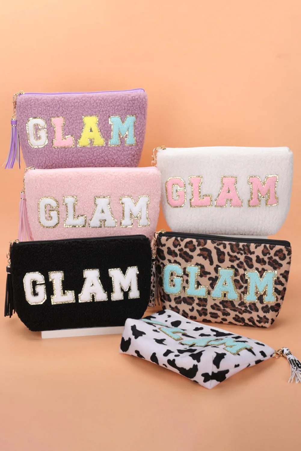 Black Sparkle Letter Pattern Tassel Zipper Makeup Bag