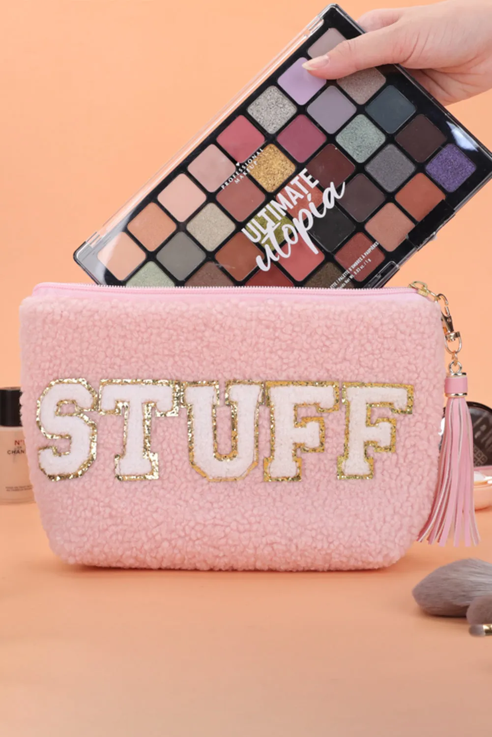 Black Sparkle Letter Pattern Tassel Zipper Makeup Bag