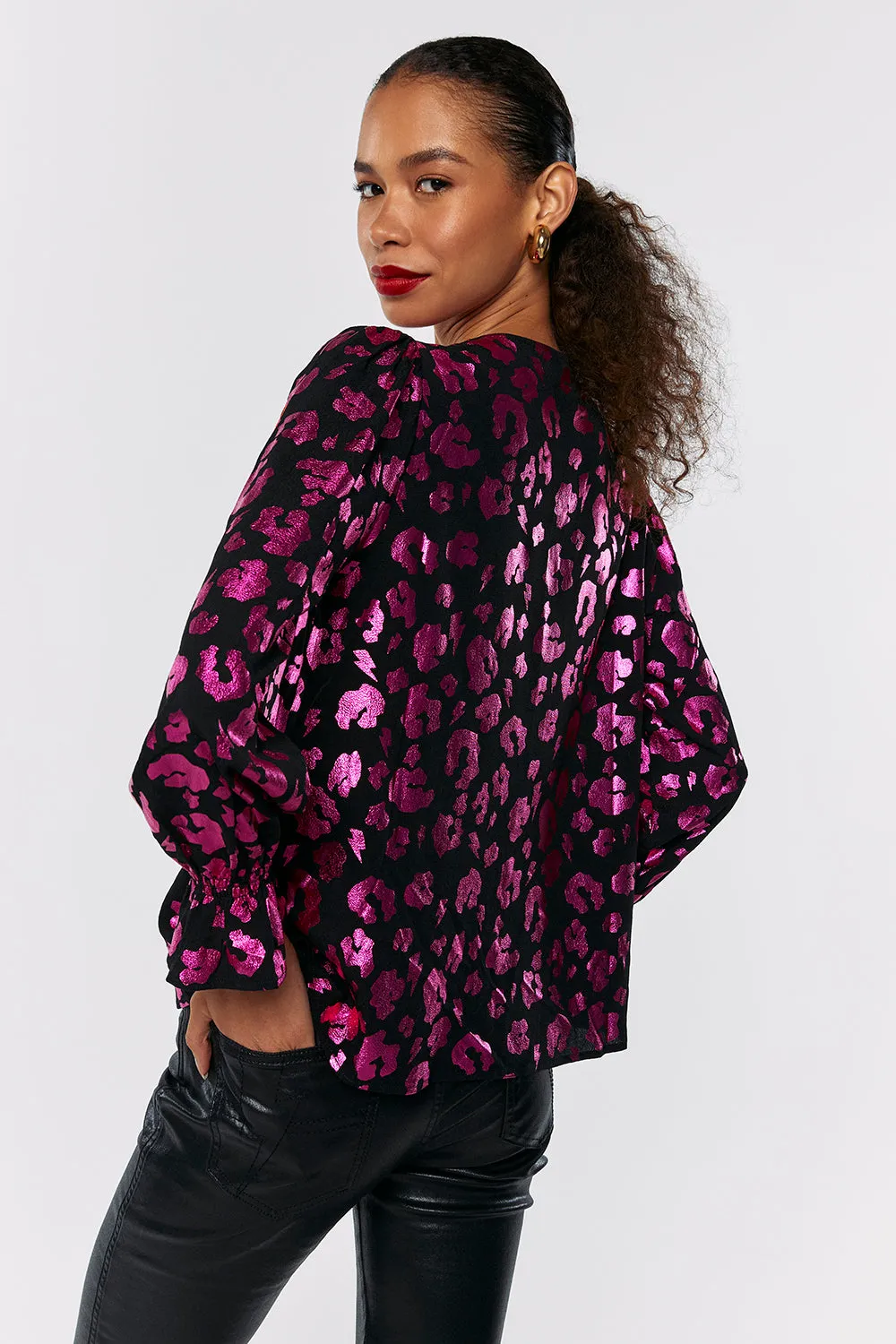 Black with Pink Foil Leopard Flute Sleeve Blouse