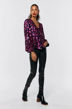 Black with Pink Foil Leopard Flute Sleeve Blouse