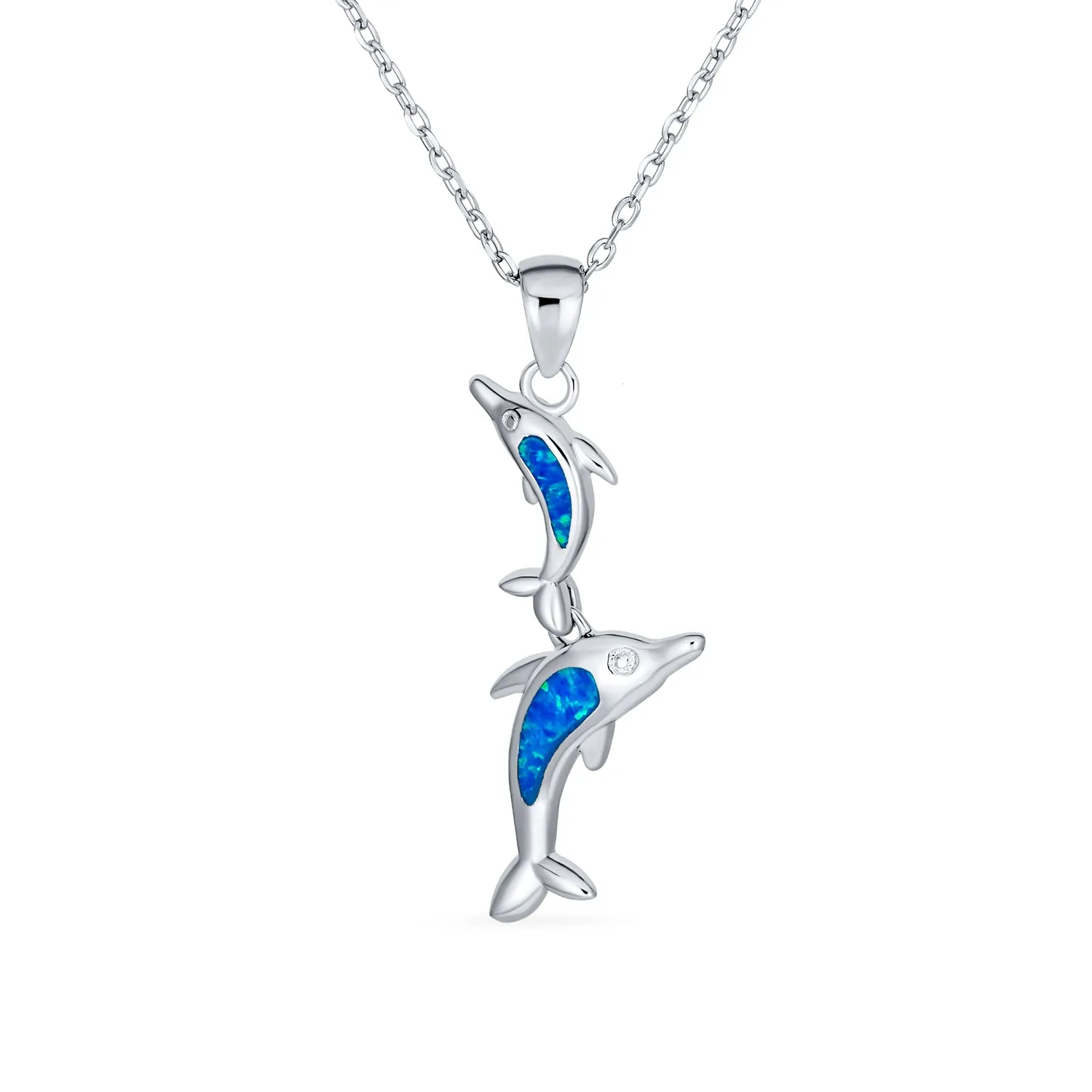 Blue Opal Nautical Dolphin Family Pendant Necklace 925 Sterling Silver