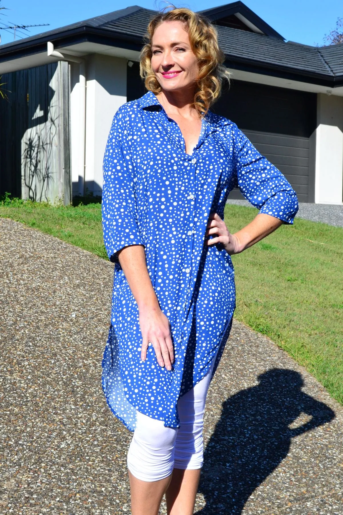 Blue White Spot Long Shirt Tunic