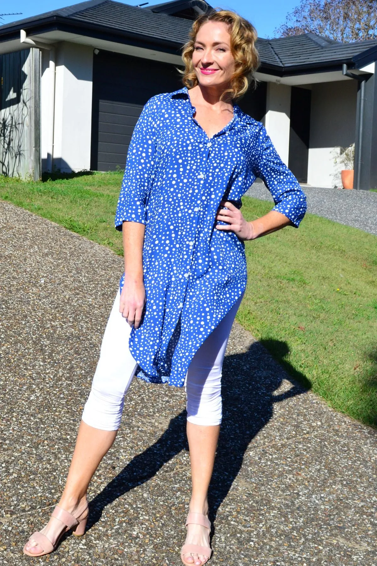 Blue White Spot Long Shirt Tunic