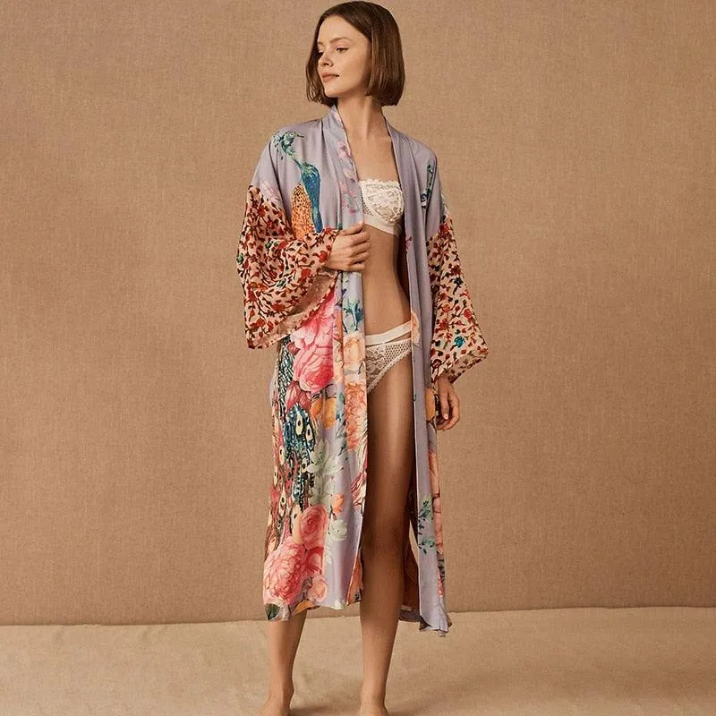 Bohemian Beach Kimono, Women Peacock Printed Swimsuit Cover Up Self Belted Wrap Dresses Seaside Bathing Suits Beachwear