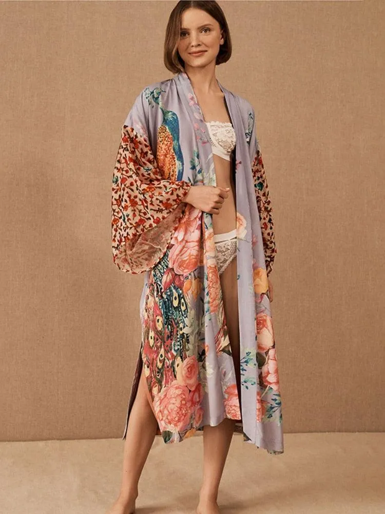 Bohemian Beach Kimono, Women Peacock Printed Swimsuit Cover Up Self Belted Wrap Dresses Seaside Bathing Suits Beachwear