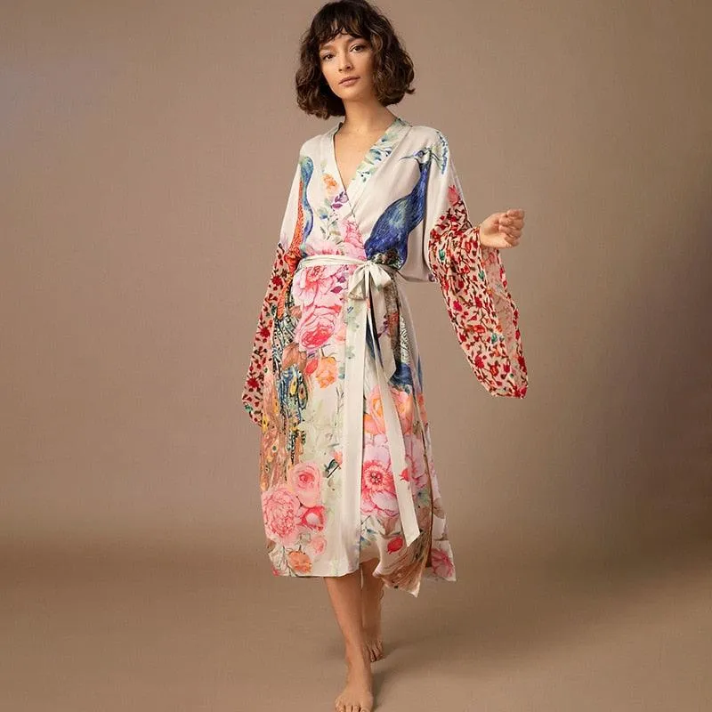 Bohemian Beach Kimono, Women Peacock Printed Swimsuit Cover Up Self Belted Wrap Dresses Seaside Bathing Suits Beachwear