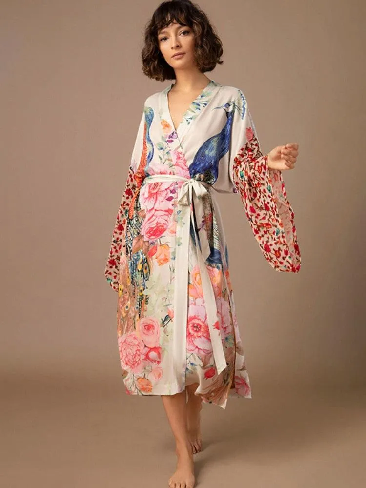 Bohemian Beach Kimono, Women Peacock Printed Swimsuit Cover Up Self Belted Wrap Dresses Seaside Bathing Suits Beachwear