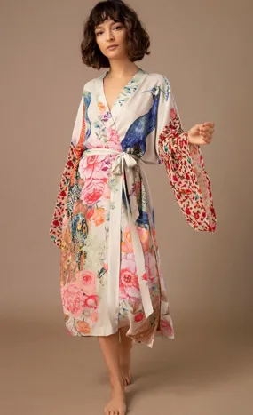 Bohemian Beach Kimono, Women Peacock Printed Swimsuit Cover Up Self Belted Wrap Dresses Seaside Bathing Suits Beachwear