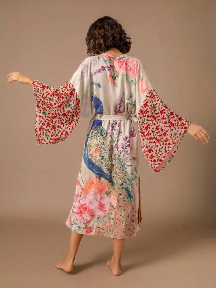 Bohemian Beach Kimono, Women Peacock Printed Swimsuit Cover Up Self Belted Wrap Dresses Seaside Bathing Suits Beachwear