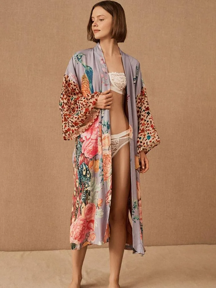 Bohemian Beach Kimono, Women Peacock Printed Swimsuit Cover Up Self Belted Wrap Dresses Seaside Bathing Suits Beachwear