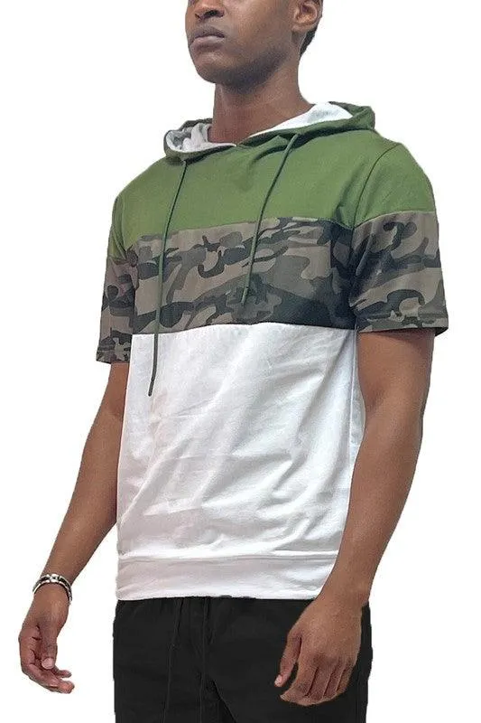 Camo And Solid Design Block Hooded Shirt