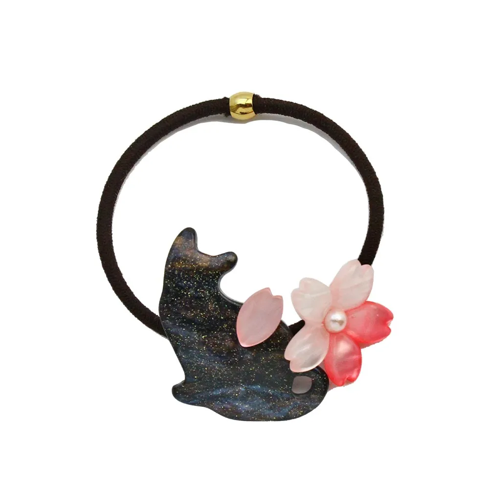 Cat and Cherry Blossom Ponytail Holder