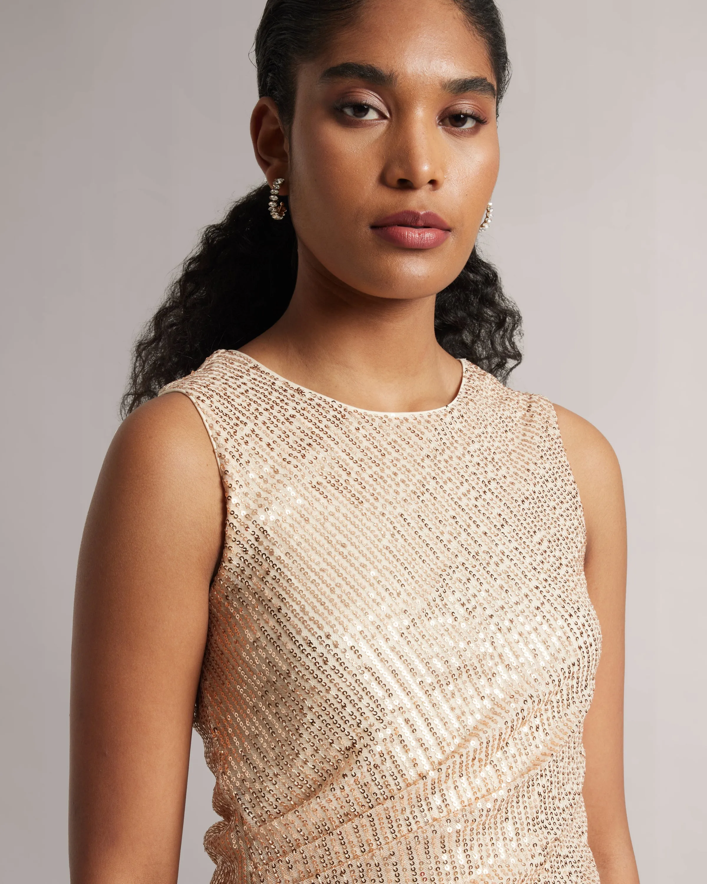 Champagne Beige Sequin Ruched Top