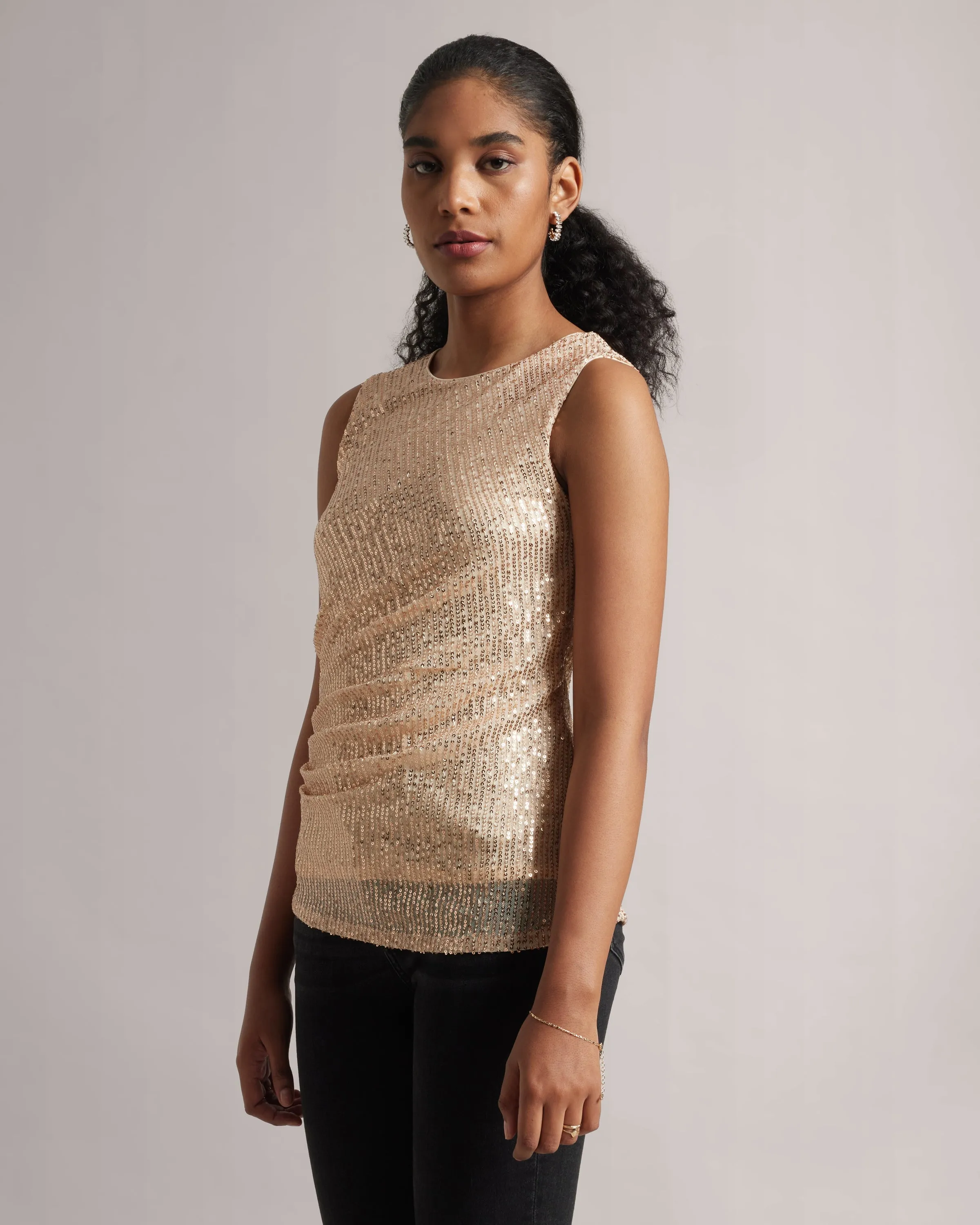 Champagne Beige Sequin Ruched Top