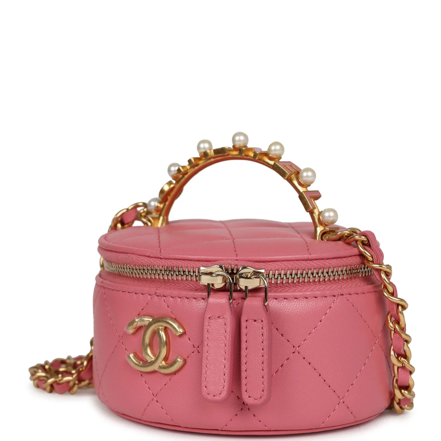 Chanel Mini Round Top Handle Vanity Case Dark Pink Lambskin Gold Hardware