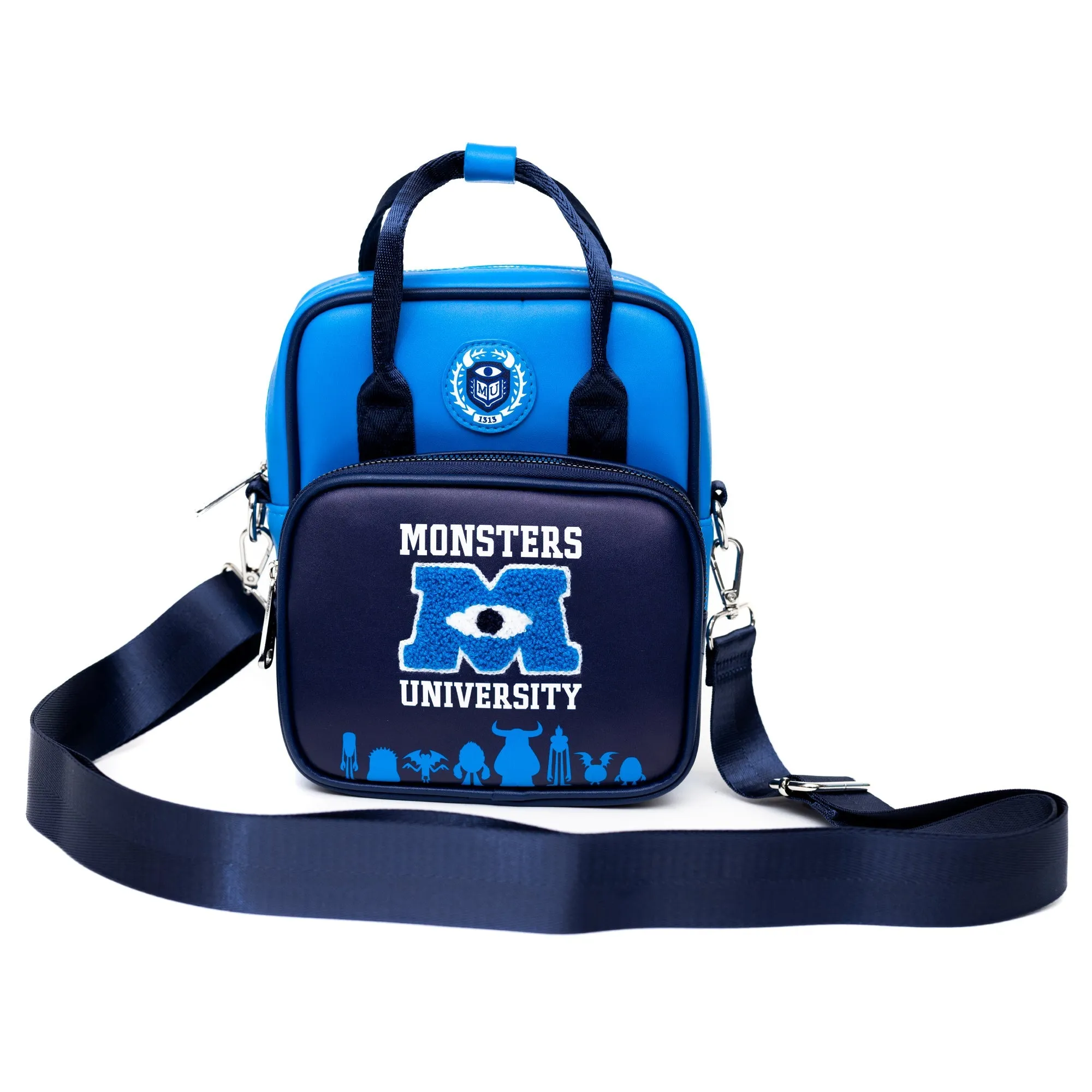 Disney Bag, Cross Body, Monsters University Chenille Patch with Monsters Print Blues, Vegan Leather