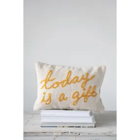 Embroidered Cotton Lumbar Pillow "Today is a Gift"