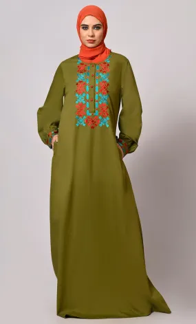 Embroidered Opulence: Basil Green Abaya with Practical Pockets