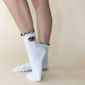 Embroidered Rose Lettuce Trim - Grip Sock (Barre / Pilates)