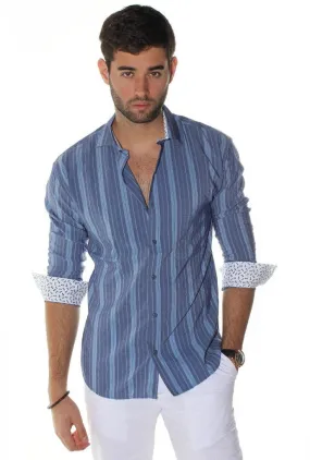 Envy Evolution Denim Stripes Button Front Colored Cuff Lightweight Men's Shirt