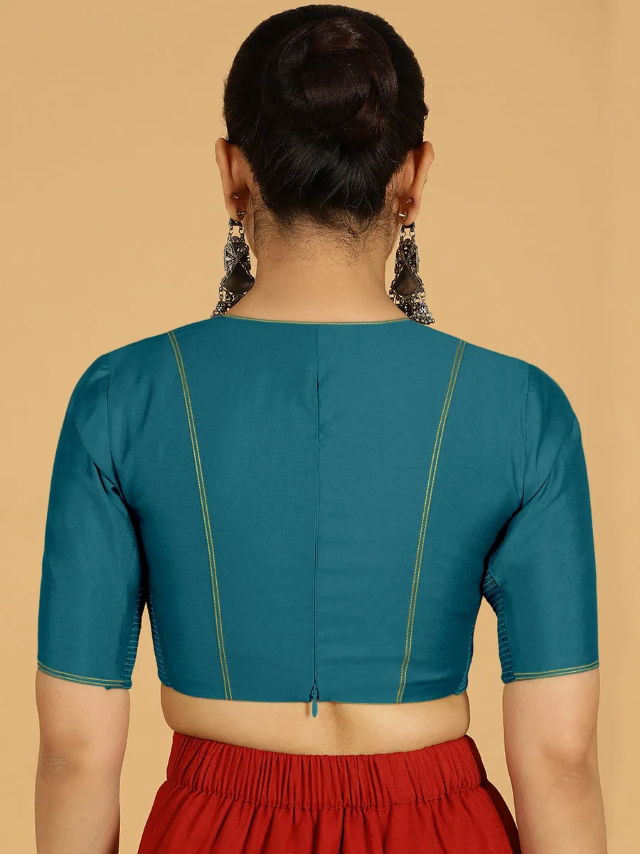 Erum x Rozaana | Elbow Sleeves Saree Blouse in Crystal Teal