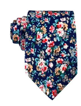 Floral Tie - Navy with Red, Pink, White Blue & Green