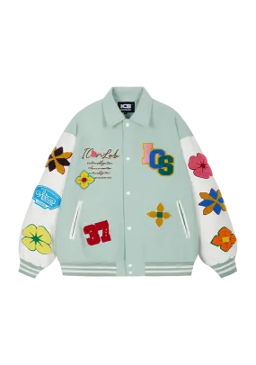 Flower Contrast Lapel Baseball Jersey