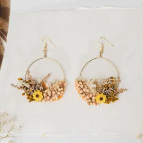 Flower earrings for bride in earthy colours and yellow accent Circle floral earrings 2021 Wedding dangle earrings Handmade dried flower jewelry Magaela